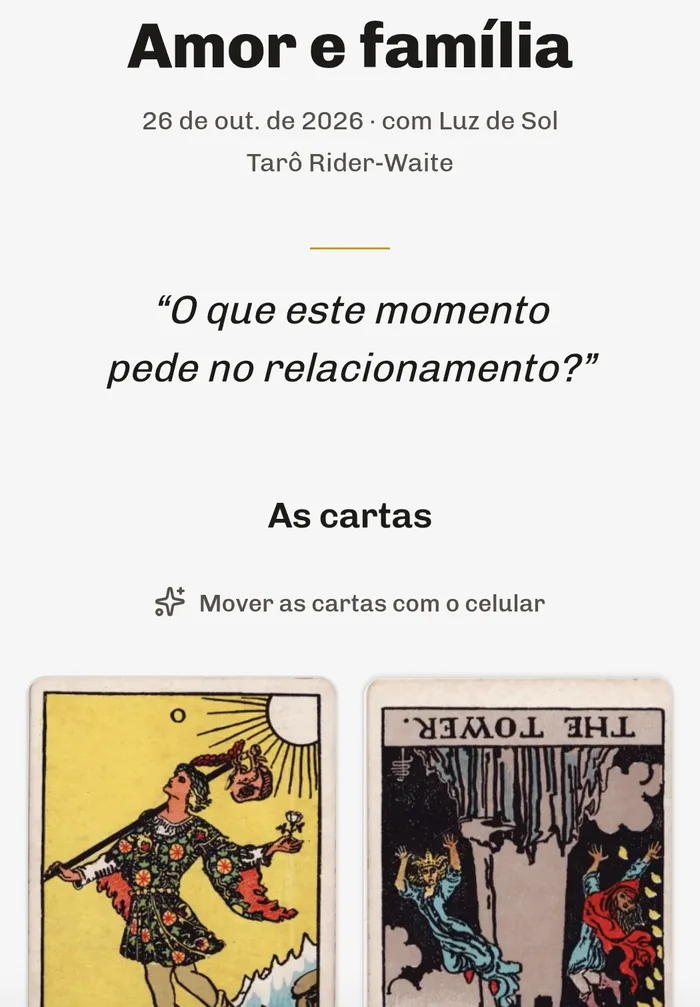 Portal do consulente no celular: a tiragem Amor e família com a pergunta e as cartas