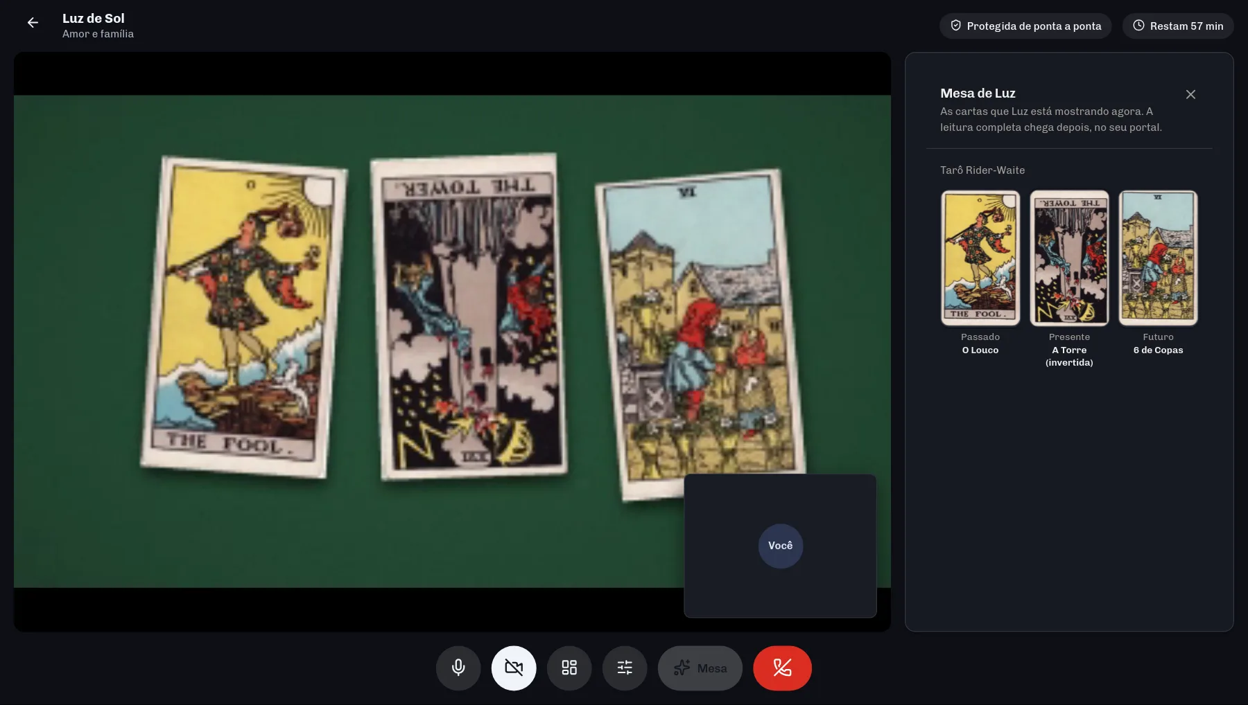 Consulta ao vivo no Arcaneum, vista pela consulente: a câmera da taróloga mostra a mesa com O Louco, A Torre invertida e o 6 de Copas e, ao lado, a mesa compartilhada com as três cartas nas posições passado, presente e futuro