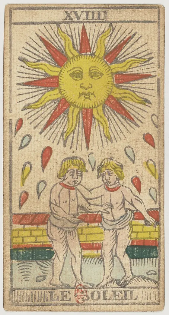 O Sol, carta XVIIII do Tarô de Marselha de Nicolas Conver, gravura colorida do início do século XIX